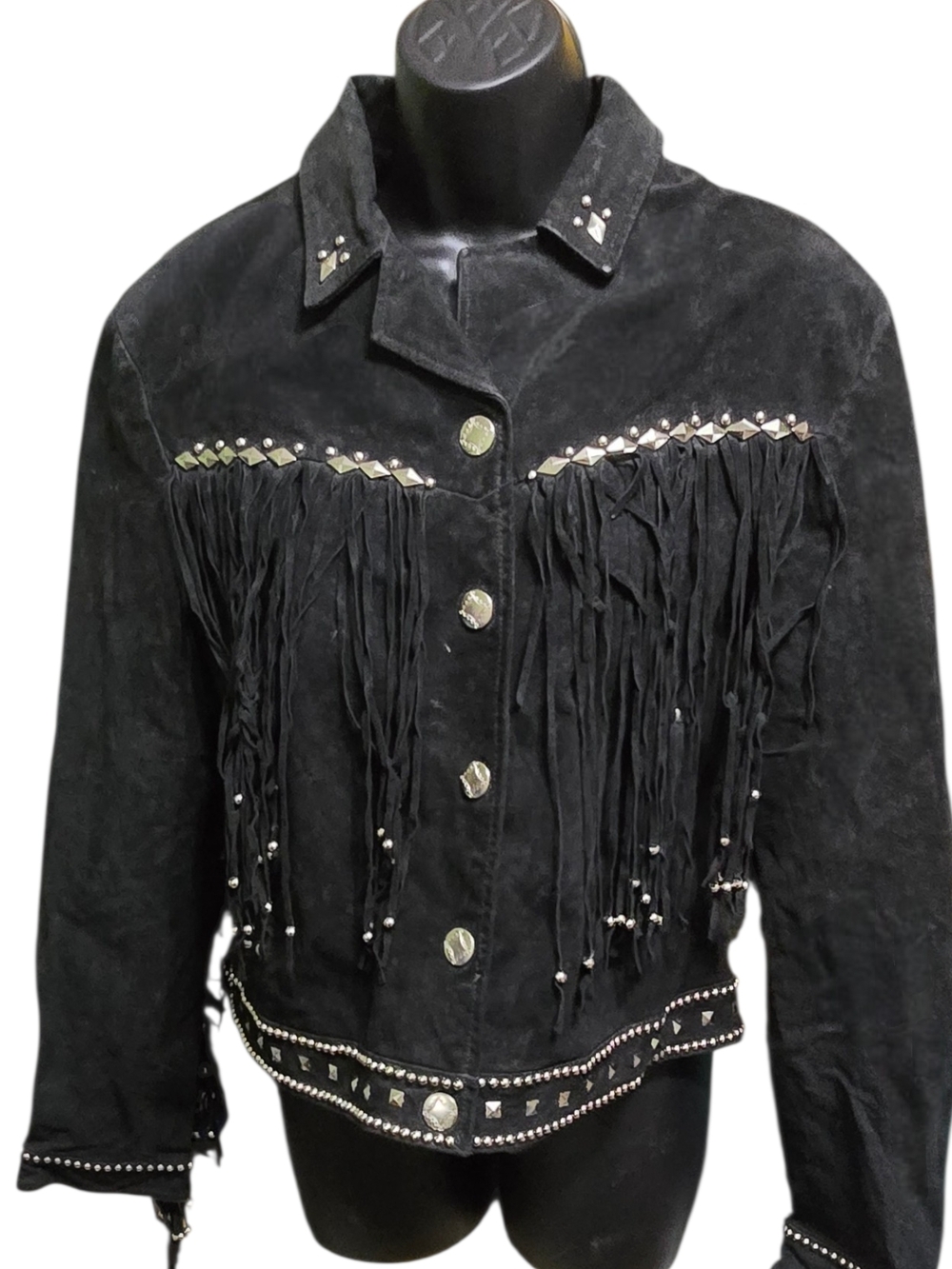 Vintage Cripple Creek Suede Leather Fringe Jacket Studded Western Black L